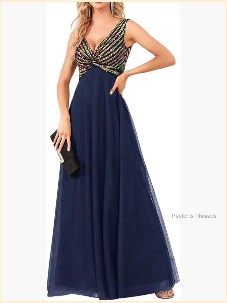 Sequin Tulle A-Line V-Neck Floor-Length Formal Maxi Evening Gown
